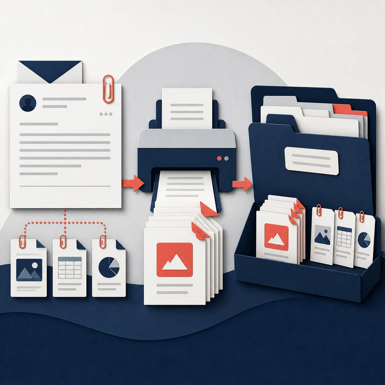 Email and original attachments moving into PDF pages and an organized archive folder