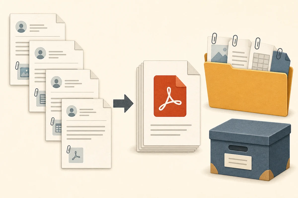 Several email documents grouped into PDF pages with attachments organized in a folder