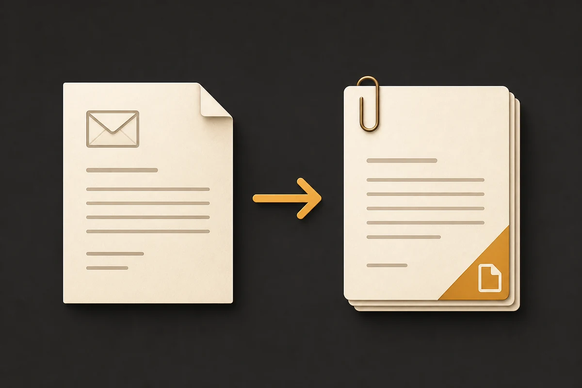 An email document becoming an organized PDF document with a paperclip
