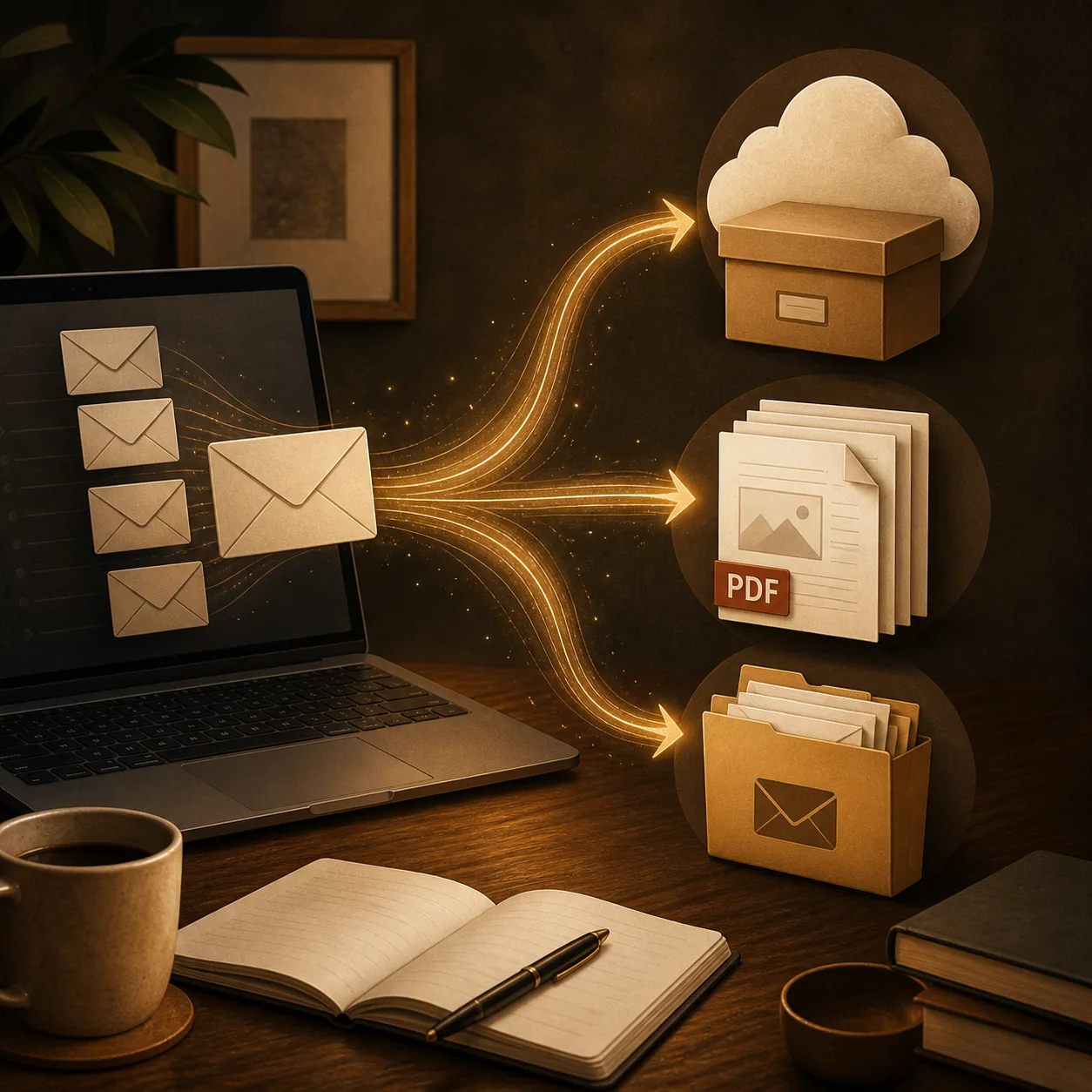 Editorial illustration of email messages flowing into cloud, PDF, and local archive destinations