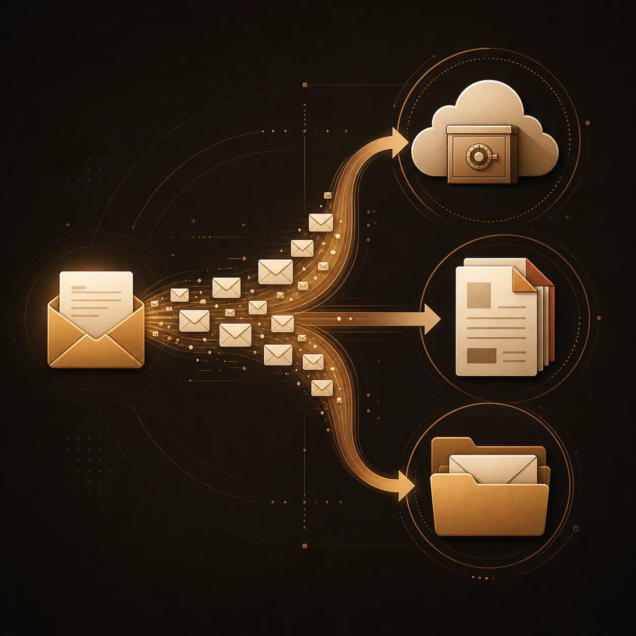 Illustration of email messages branching into cloud, document, and local folder export paths