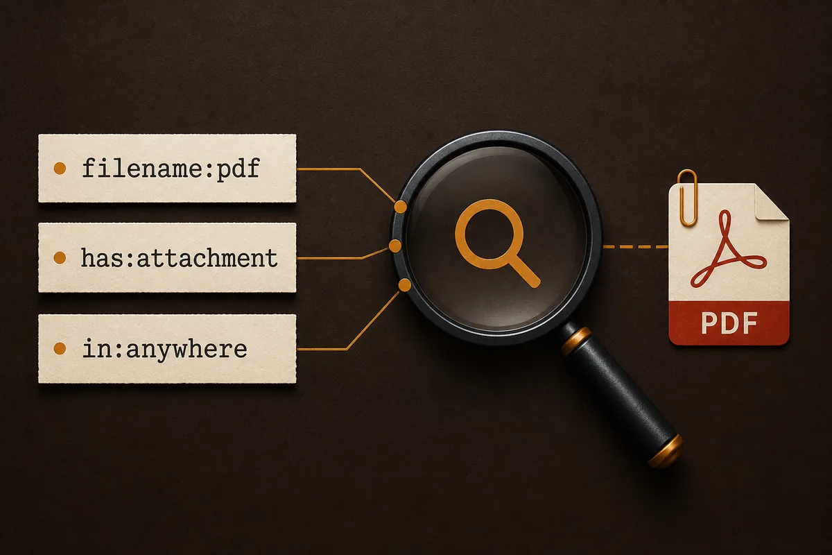 Editorial diagram showing filename:pdf, has:attachment, and in:anywhere connected to a search icon and PDF file
