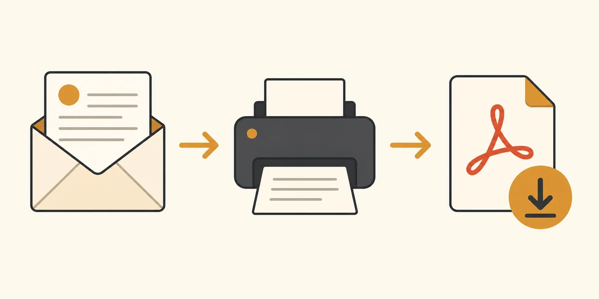 Three-step illustration showing an email, a printer, and a downloaded PDF