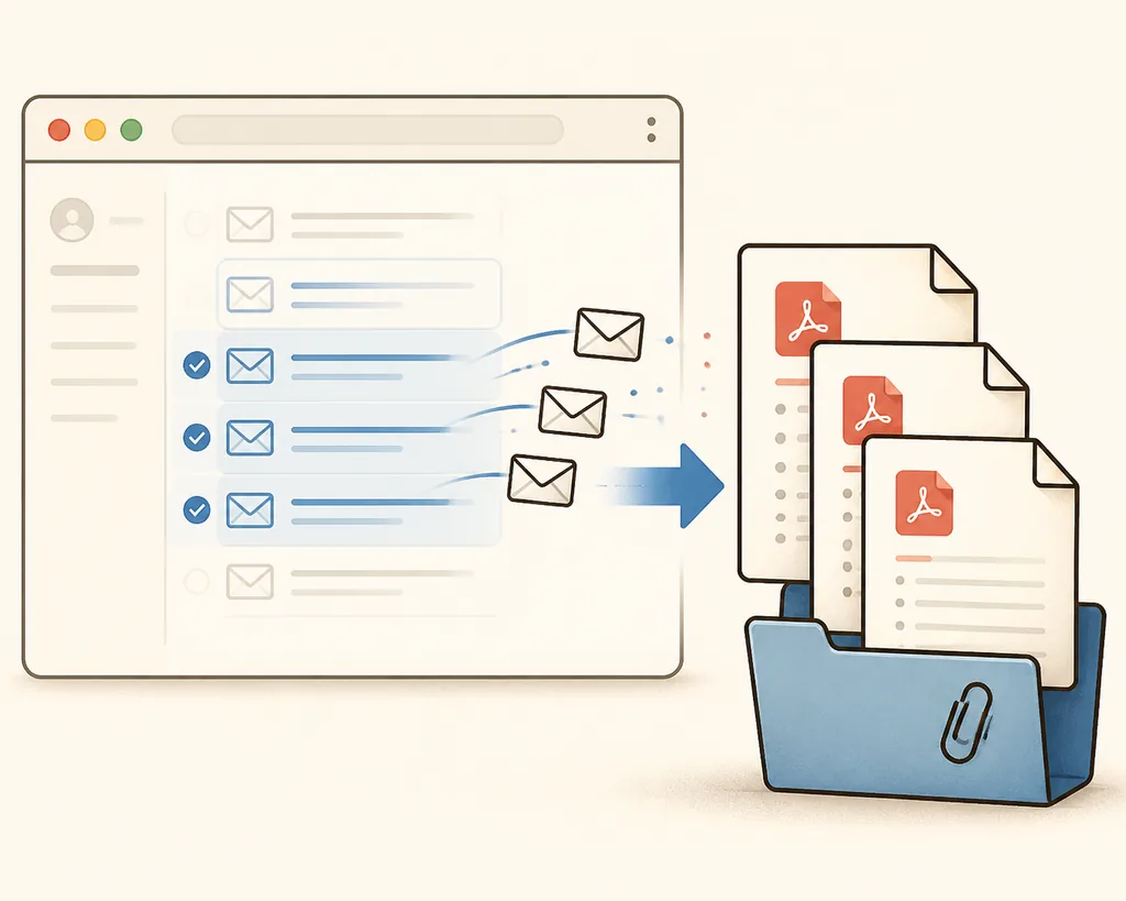 Selected Gmail messages flowing into organized PDF files and an attachment folder